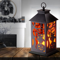 Halloween Lantern with LED Lights, Carved Images of Owls, Pumpkins, Leafless Trees , 12 inches - National Tree Company