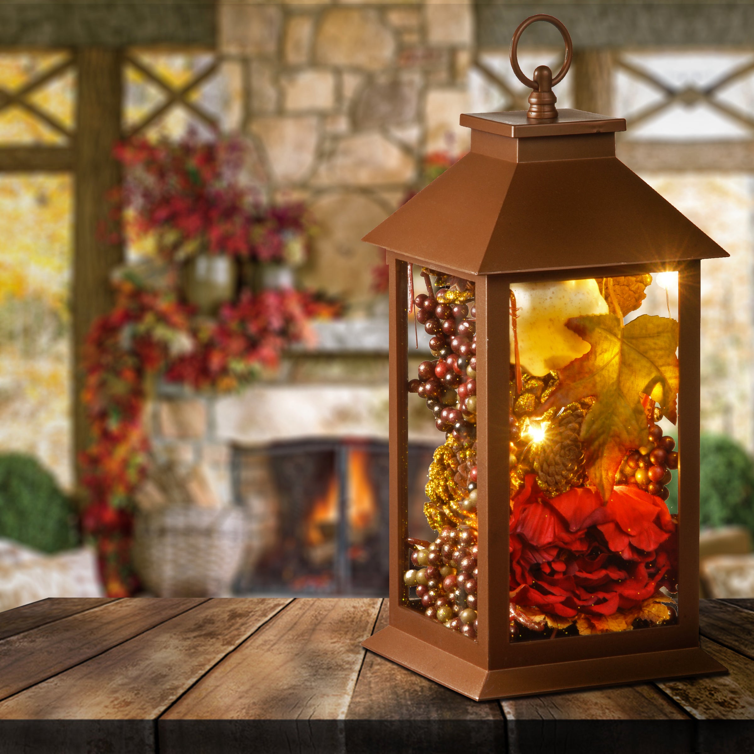 Harvest Lantern with LED Lights, Filled with Pumpkins, Leaves, Flowers, Berry Clusters, 12 inches