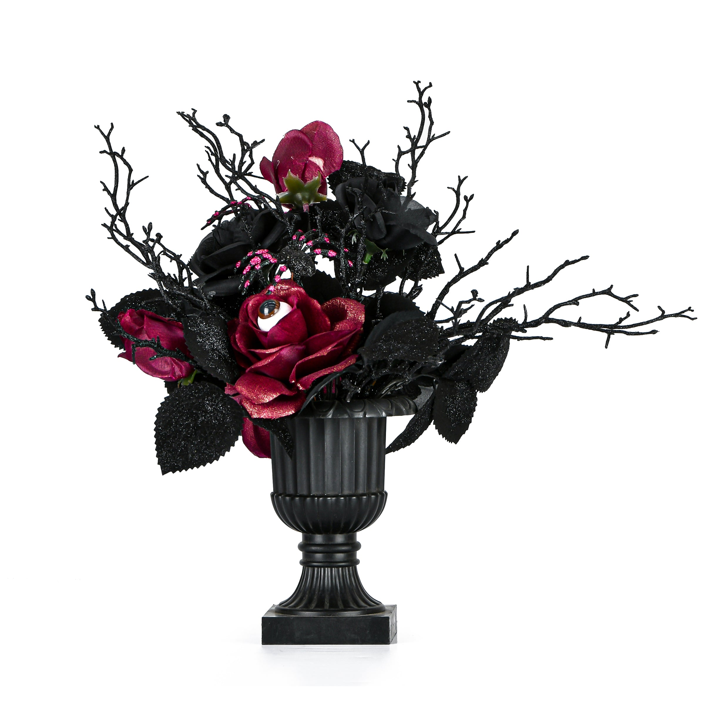 Halloween Artificial Plant Decoration, Black, Decorated with Roses, Flowers, Includes Black Urn, 18 Inches