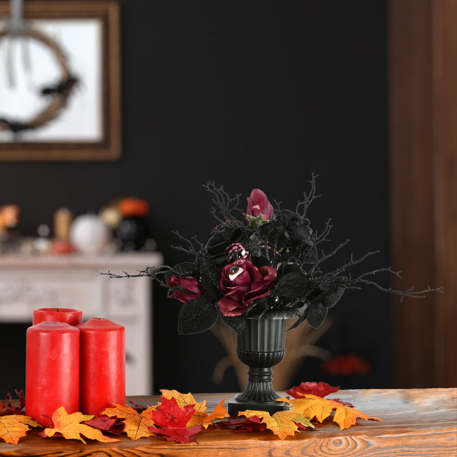 18 in. Halloween Rose Flowers Plant Decoration in a Black Urn