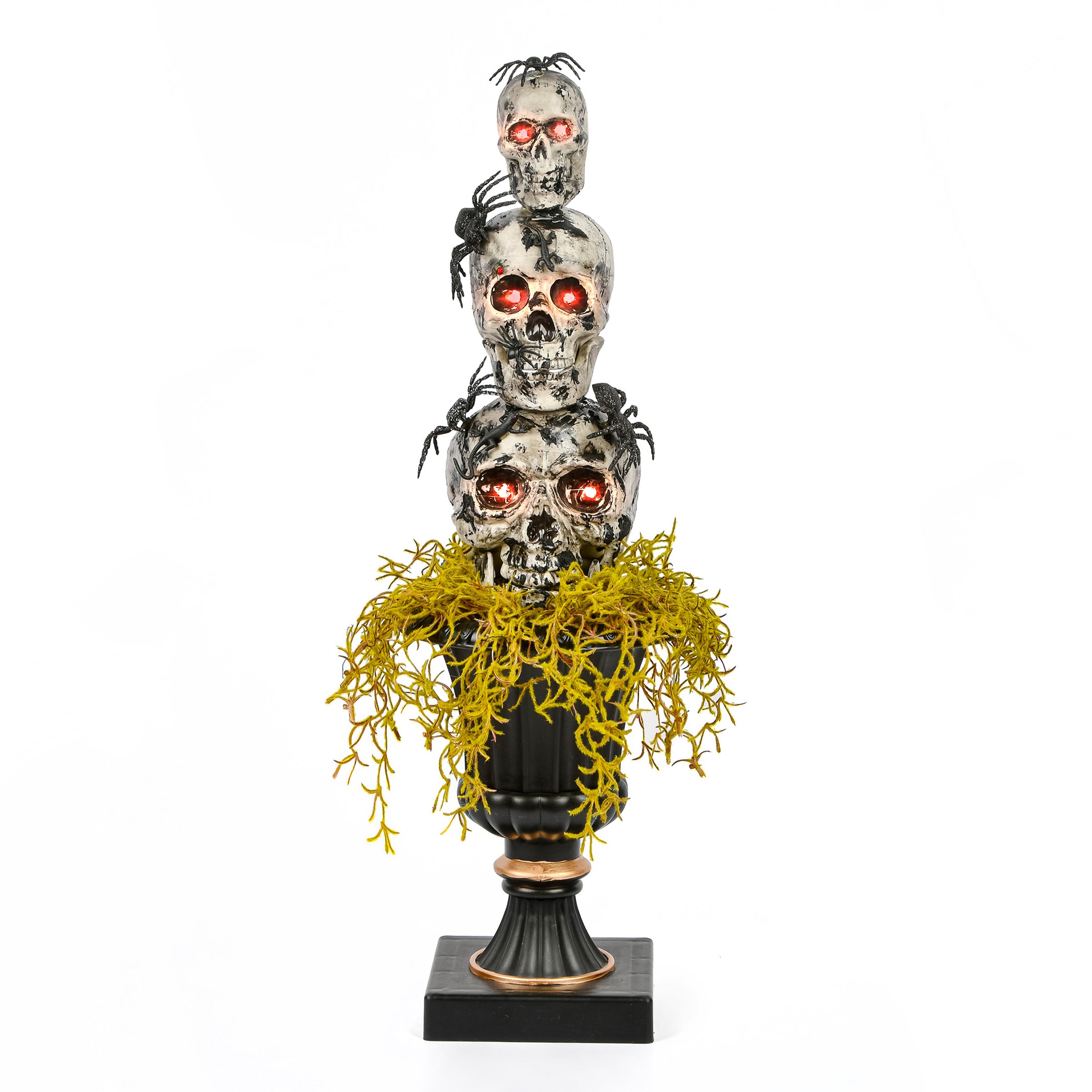 Halloween Tabletop Decoration, Black, Skull Tower, Decorated with Spiders, Includes Black Urn, 32 Inches