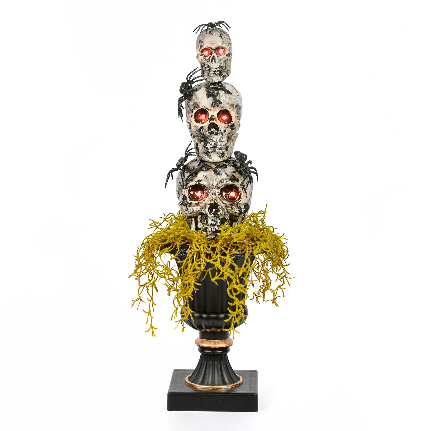 Halloween Tabletop Decoration, Black, Skull Tower, Decorated with Spiders, Includes Black Urn, 32 Inches - National Tree Company