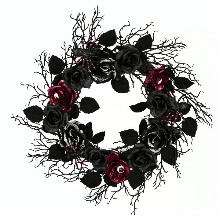 Halloween Artificial Spooky Wreath, Black, Decorated with Roses, Leaves, Thorny Branch Base, 22 Inches