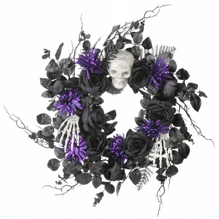 Halloween Artificial Wreath, Black, Decorated With Skulls, Roses, Purple Flowers, 24 Inches