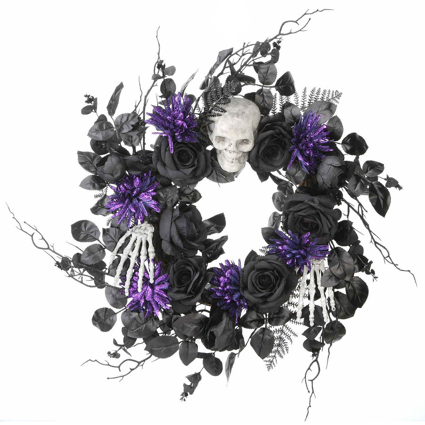 Halloween Artificial Wreath, Black, Decorated With Skulls, Roses, Purple Flowers, 24 Inches - National Tree Company