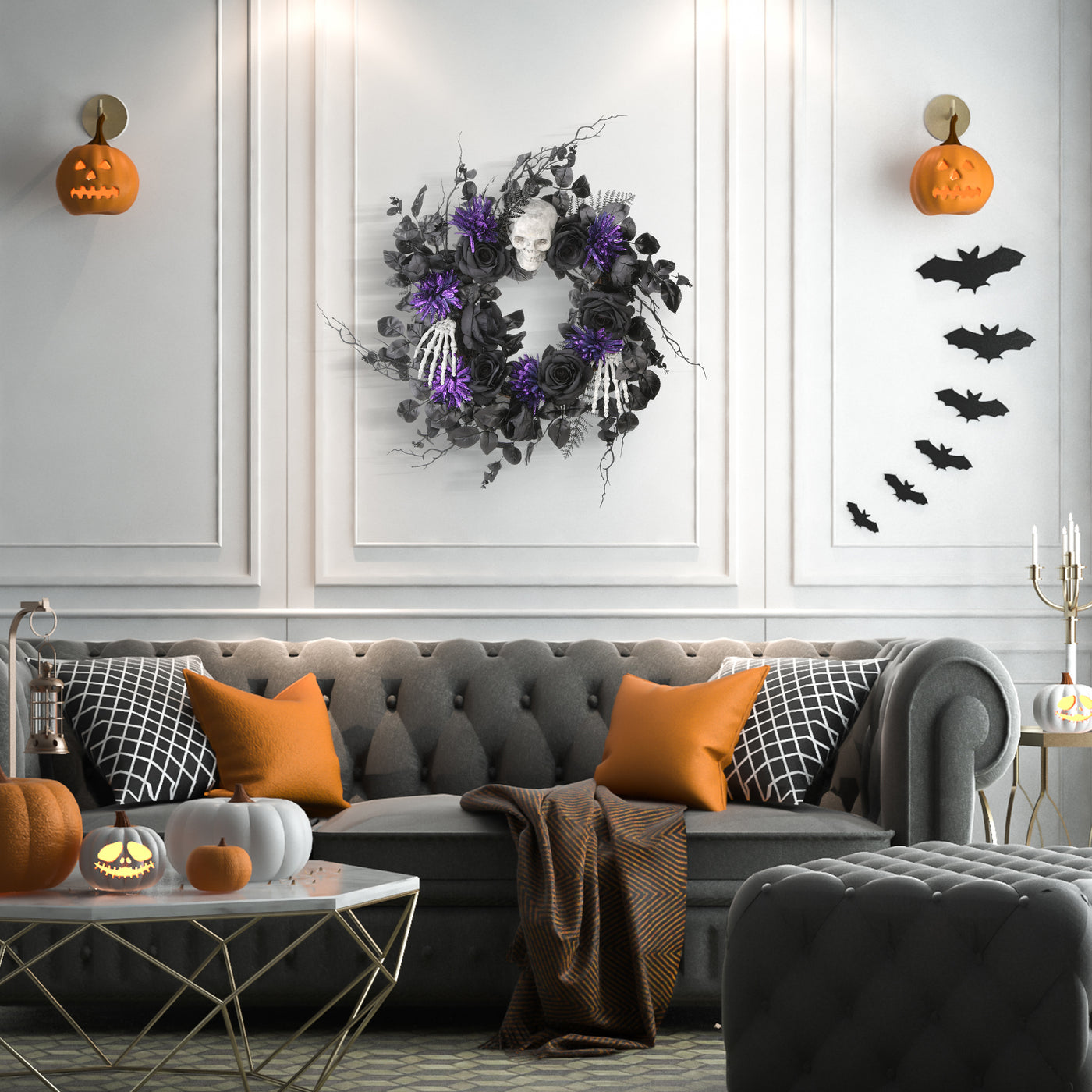 Halloween Artificial Wreath, Black, Decorated With Skulls, Roses, Purple Flowers, 24 Inches - National Tree Company