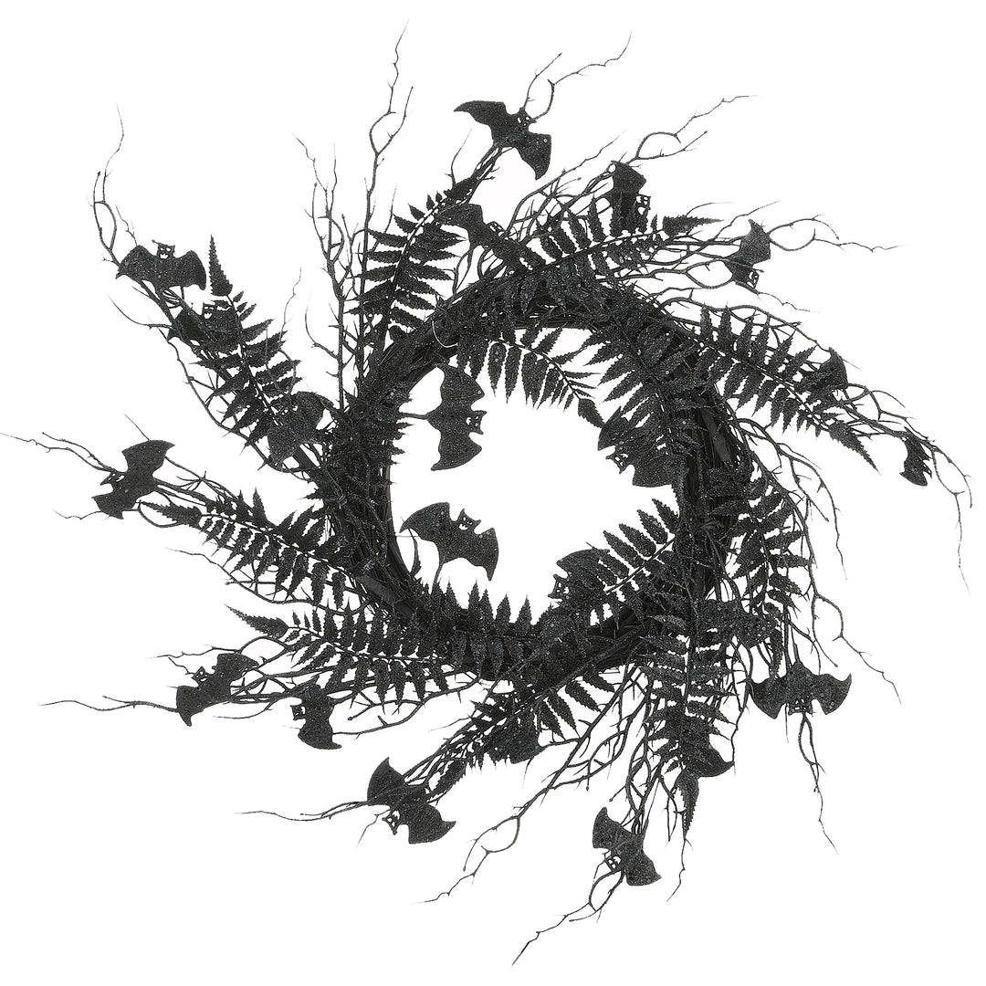 Halloween Artificial Wreath, Black, Decorated With Bats, Fern Leaves, Branches, 24 Inches