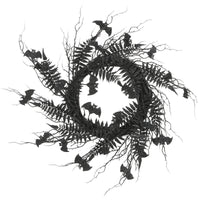 Halloween Artificial Wreath, Black, Decorated With Bats, Fern Leaves, Branches, 24 Inches - National Tree Company