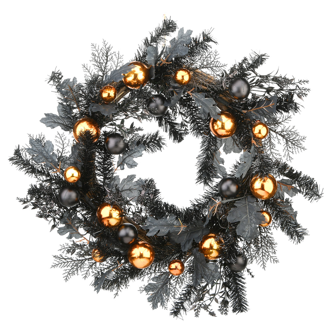 Halloween Artificial Wreath, Black, Decorated with Black and Orange Ball Ornaments, Leaves, 24 In