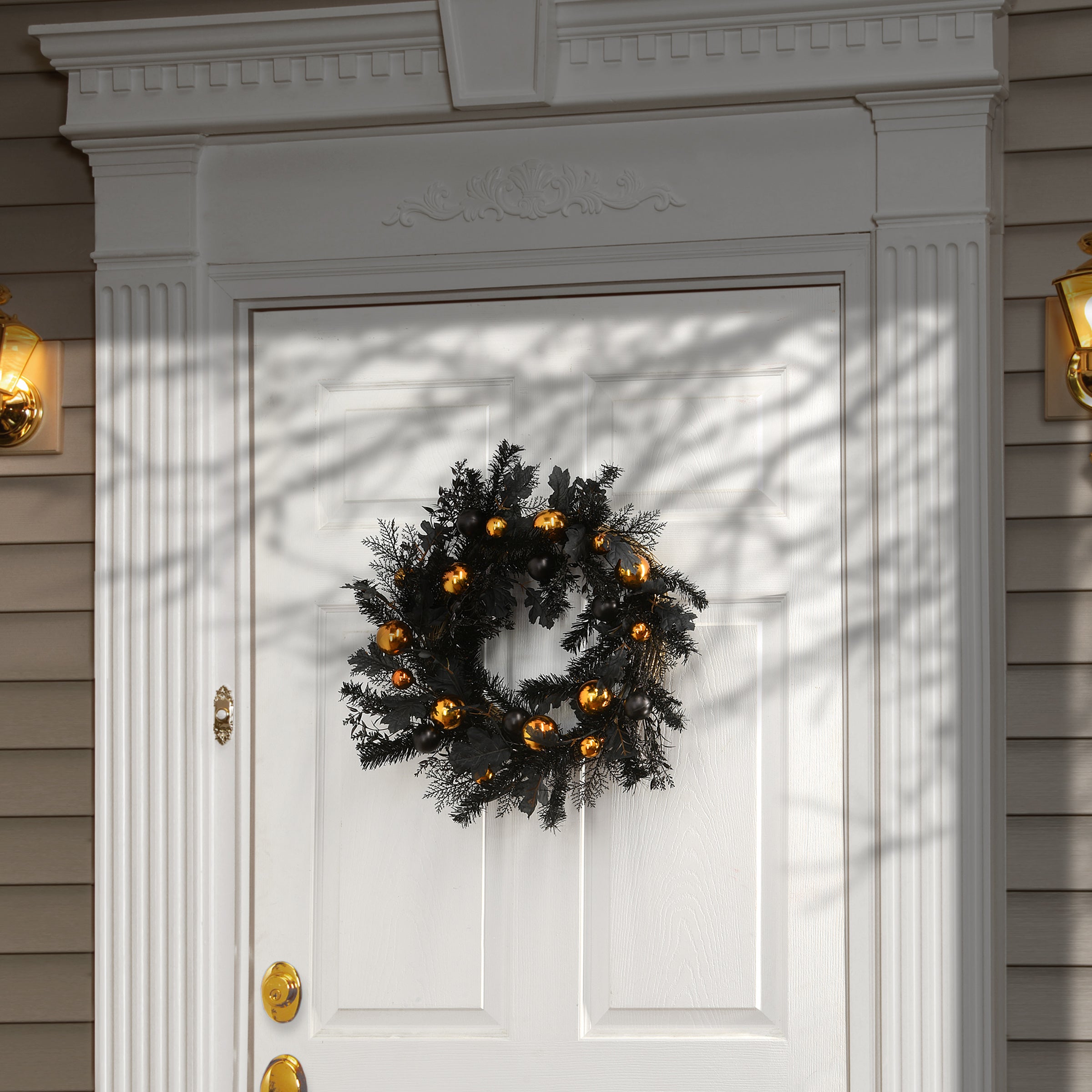 Halloween Artificial Wreath, Black, Decorated with Black and Orange Ball Ornaments, Leaves, 24 In