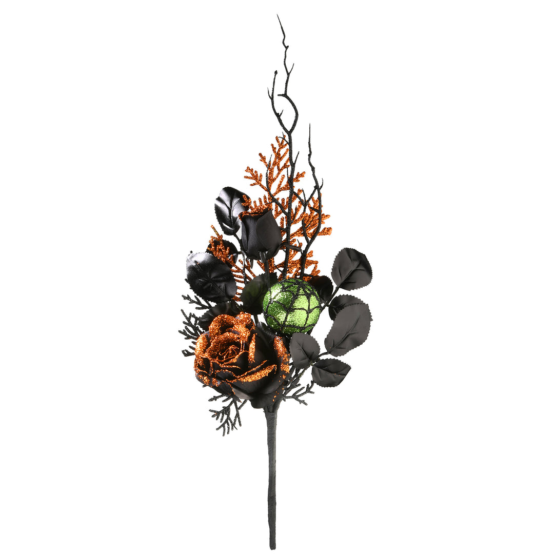 Artificial Spooky Bouquet, Set of Two, Black, Decorated With Roses, Ball Ornaments, Twigs, Leaves, Halloween Collection, 20 Inches