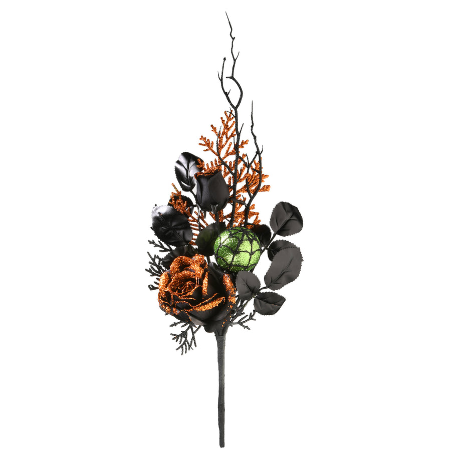 Halloween Artificial Spooky Bouquet, Set of Two, Black, Decorated With Roses, Ball Ornaments, Twigs, Leaves, Halloween Collection, 20 Inches - National Tree Company