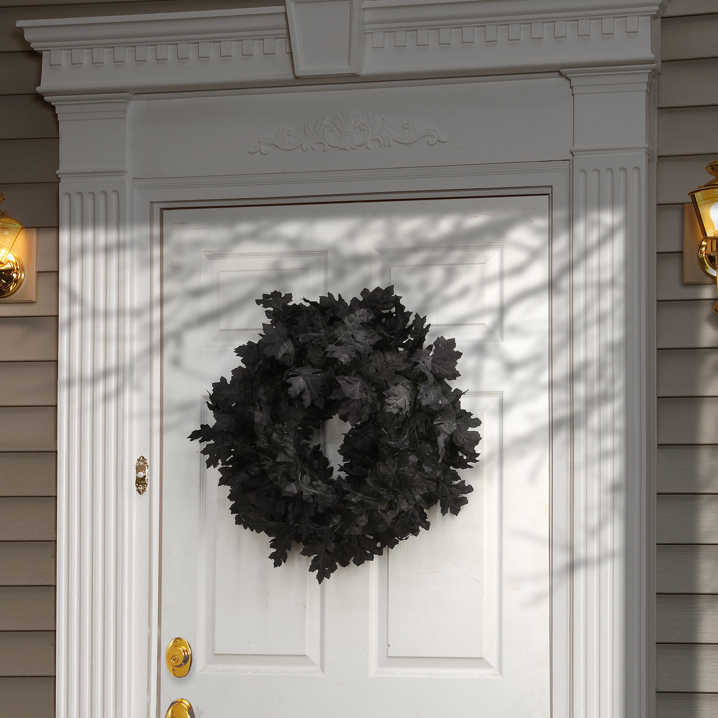 Halloween Artificial Wreath, Black, Oak Leaves, 28 Inches