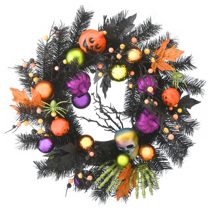 Halloween Artificial Wreath, Decorated with Skulls, Jack O' Lanterns, Spiders, Hands, Ball Ornaments, Leaves, 22 inches
