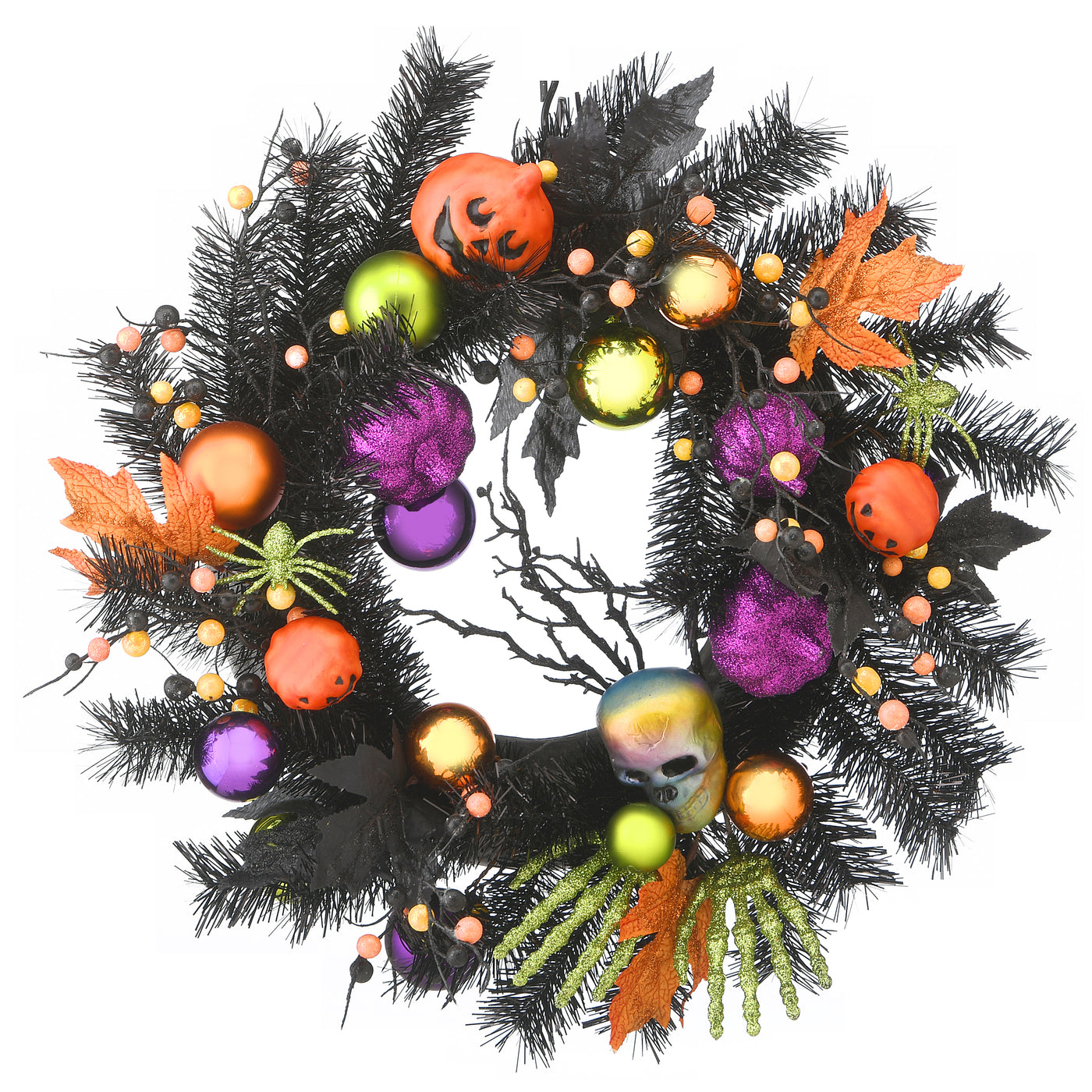 22 in. Halloween Wreath with Skulls, Jack O Lanterns, Spiders, Hands, Ball Ornaments, Leaves - National Tree Company