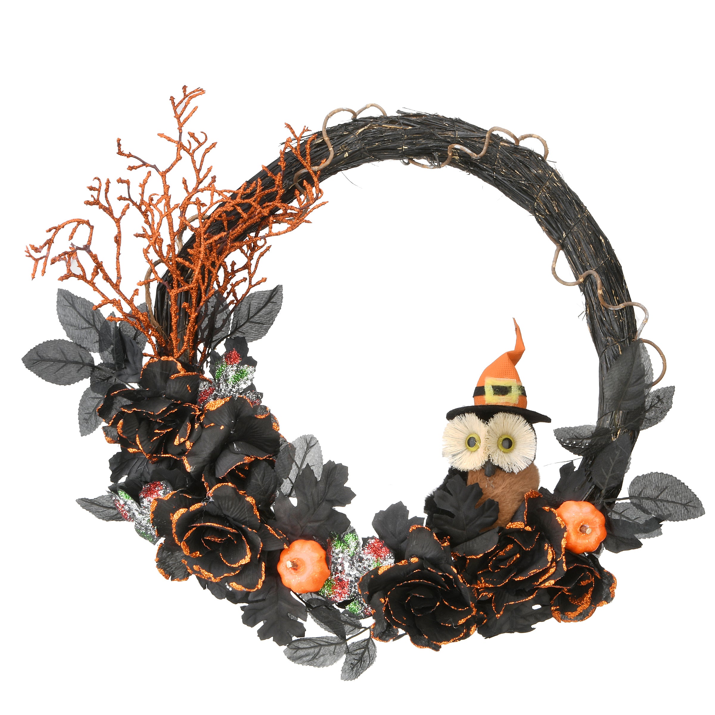 Halloween Artificial Owl Wreath, Decorated with Owl Figurine, Assorted Black Leaves, Orange Branches, 19 Inches
