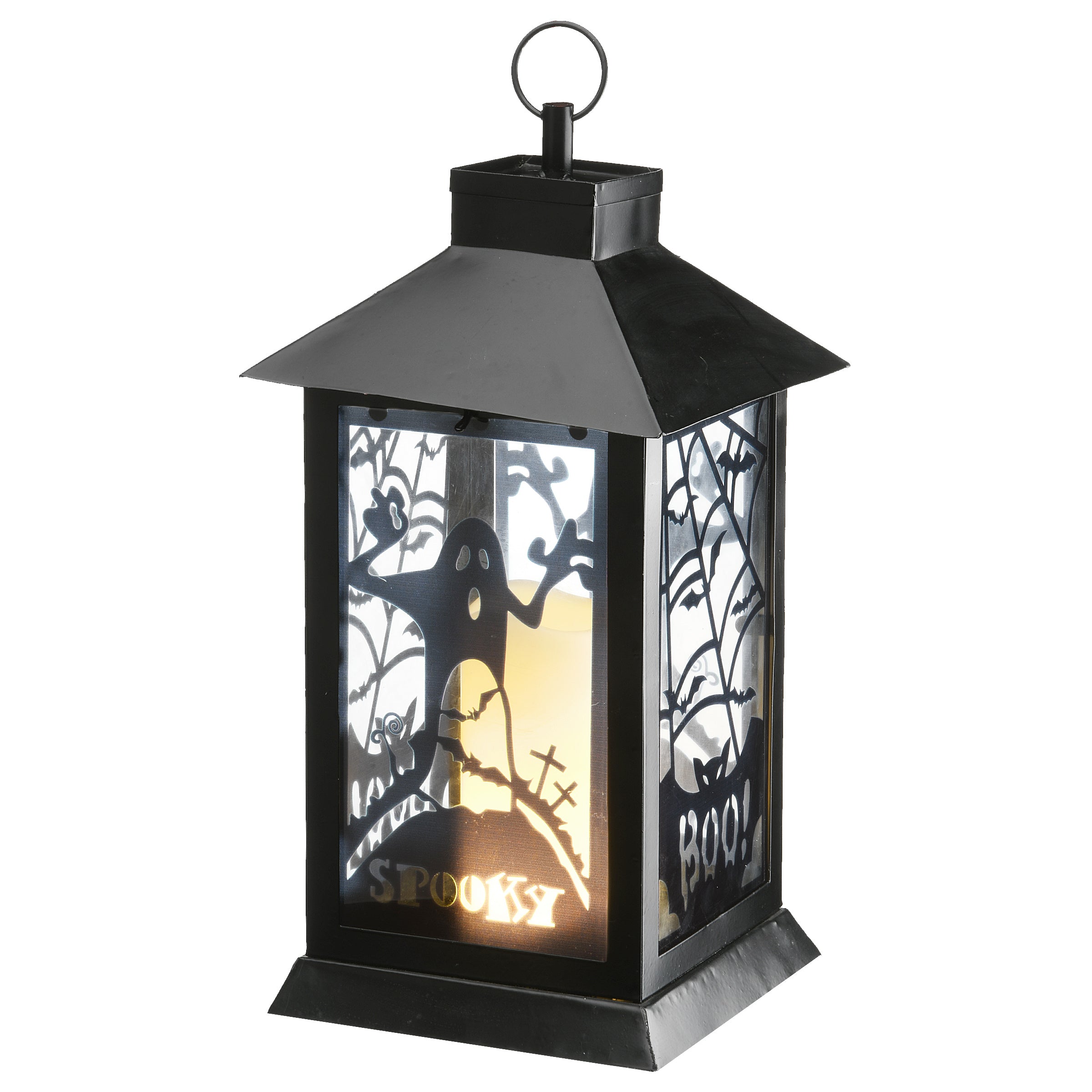 Halloween Lantern with LED Lights, Carved Images of Ghosts and Cobwebs, 16 inches