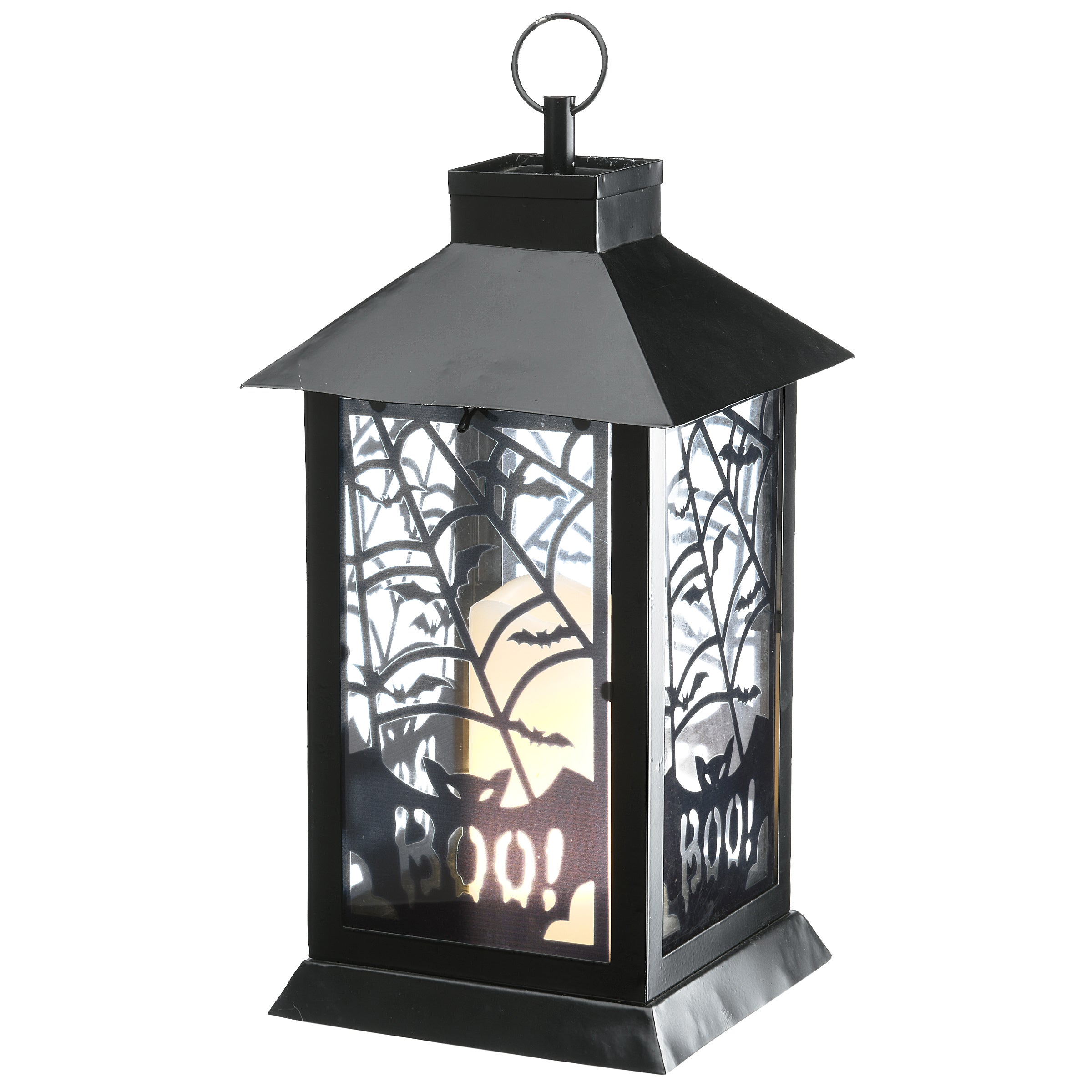 Halloween Lantern with LED Lights, Carved Images of Bats and Cobwebs, 16 inches