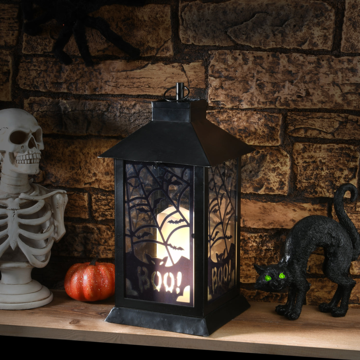 Halloween Lantern with LED Lights, Carved Images of Bats and Cobwebs, 16 inches - National Tree Company