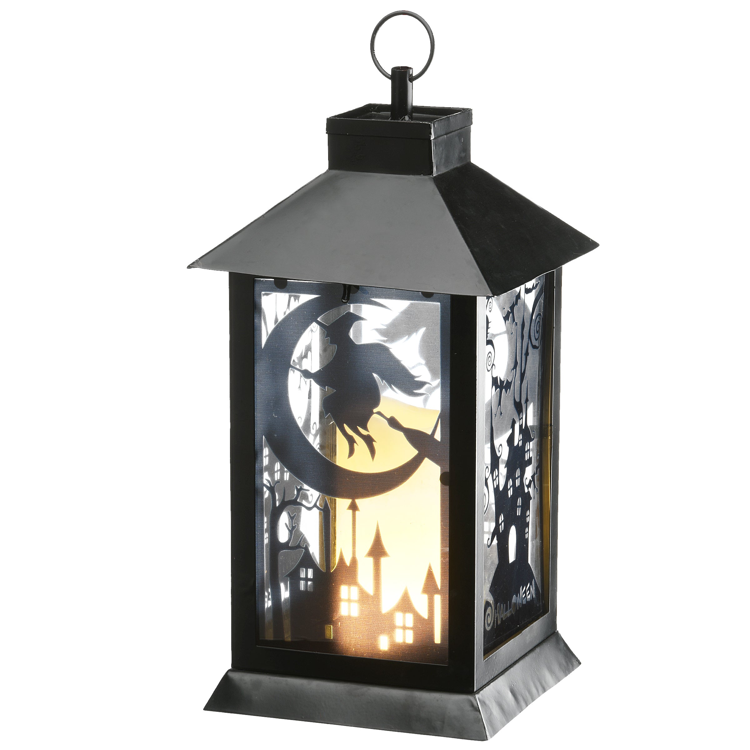Halloween Lantern with LED Lights, Carved Images of Witches and Cobwebs, 16 inches