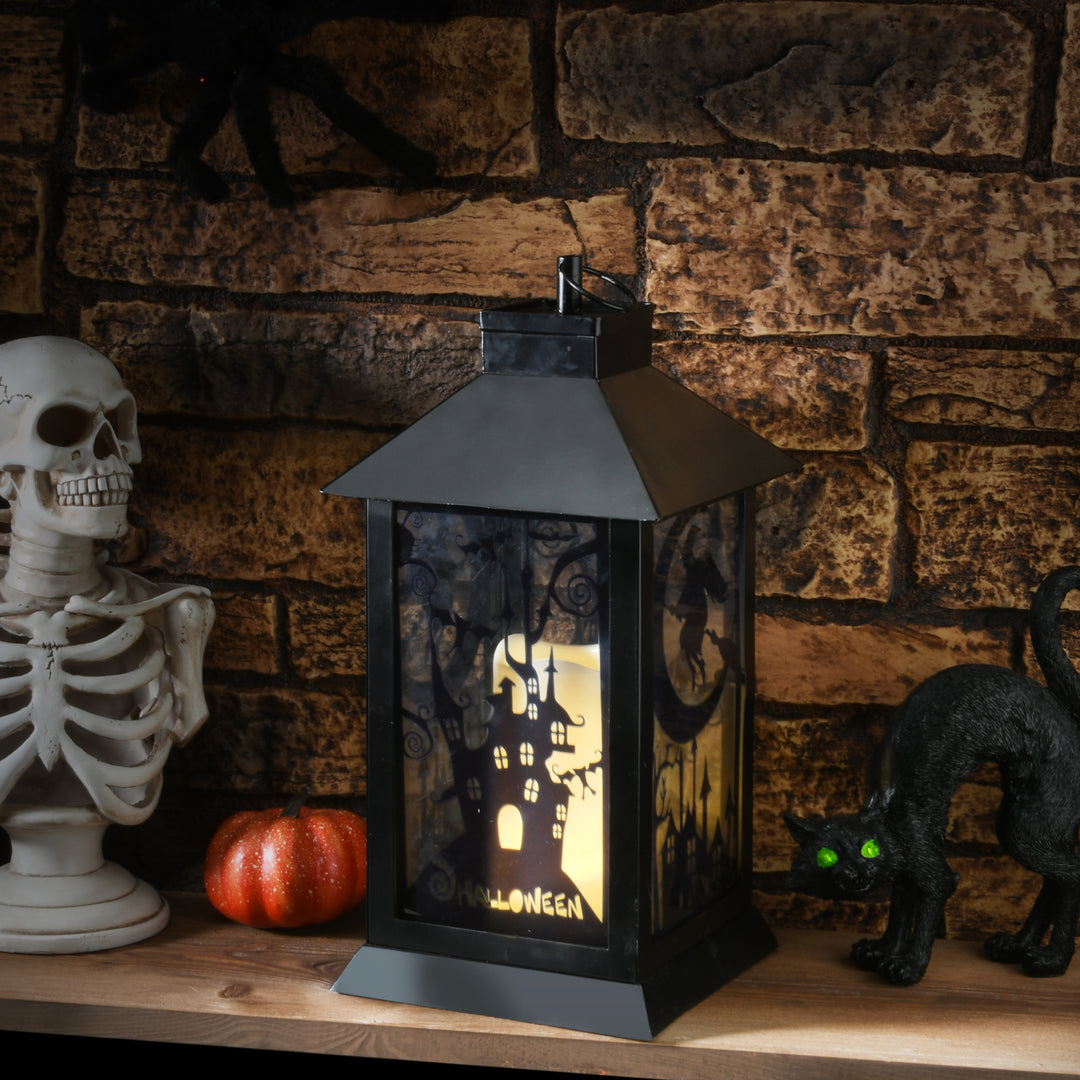Halloween Lantern with LED Lights, Carved Images of Witches and Cobwebs, 16 inches
