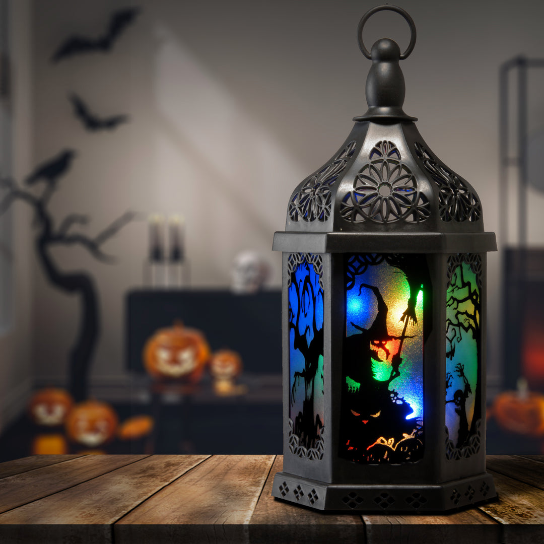 Halloween Lantern with LED Lights, Carved Images, 15 inches