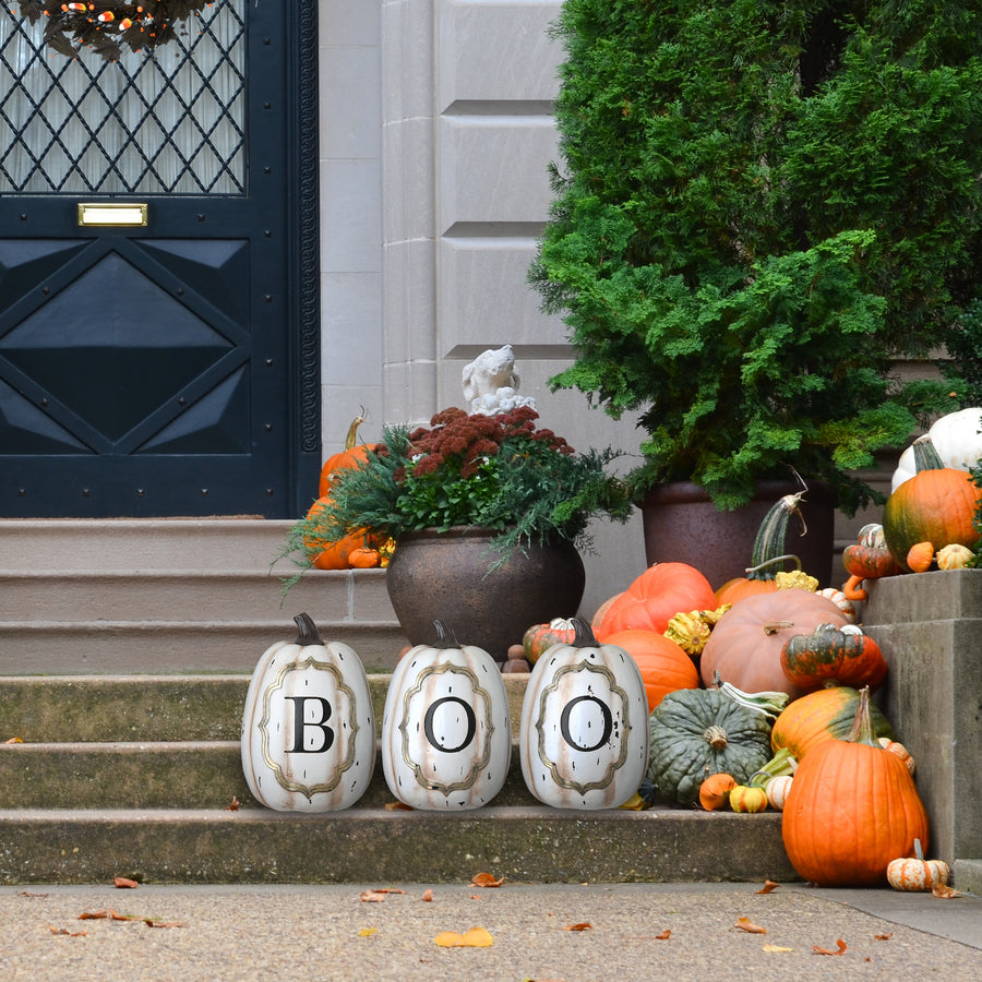 13 in. Halloween White Pumpkin BOO Sign Decoration