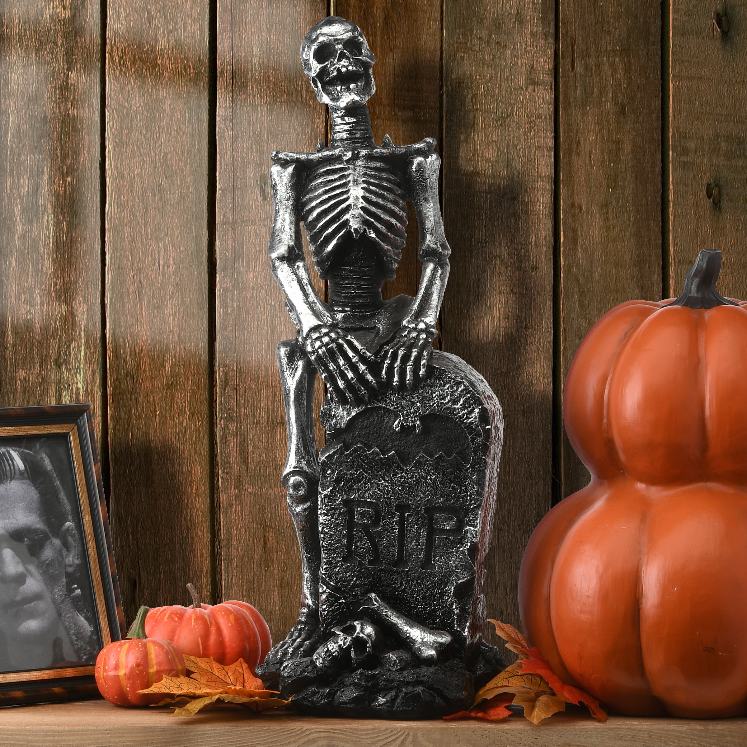 Halloween Silver Skeleton On Gravestone, 20 Inches