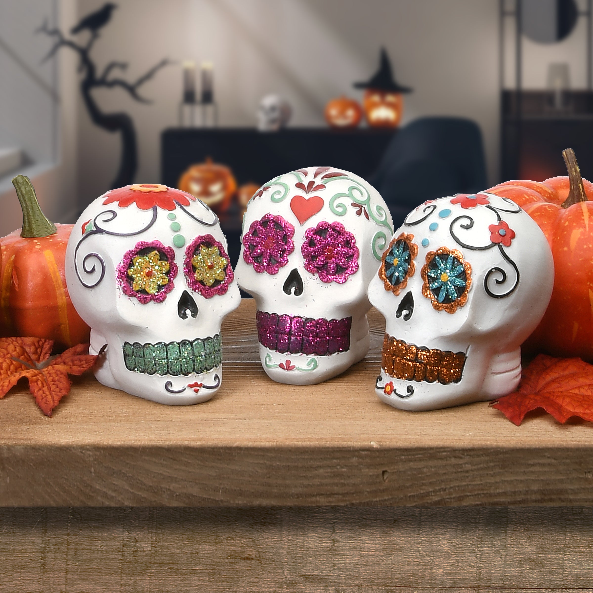 Halloween Day of the Dead Skulls, Pack of 3, 3 Inches
