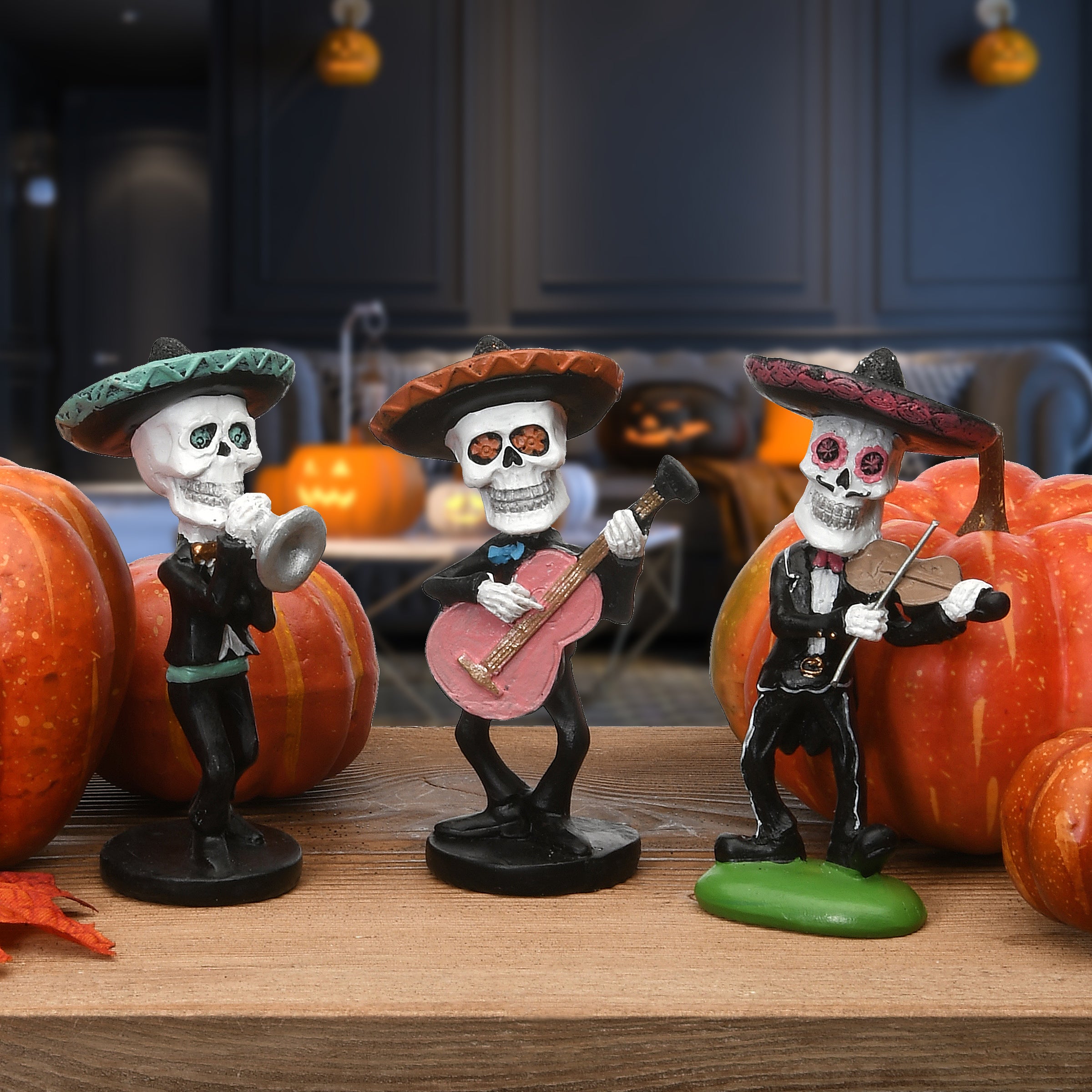 Halloween Skeleton Mariachi Band, Includes Guitarist, Violinist, Trumpet Player, 4 Inches
