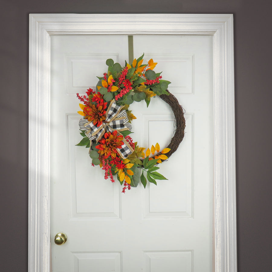 24 in. Fall Wreath with Twig, Dahlia, Eucalyptus and Bow