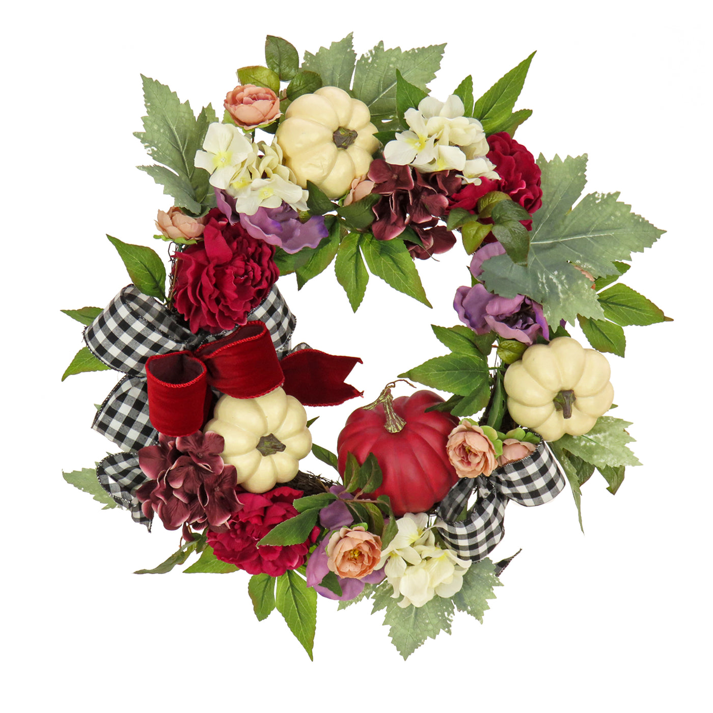 22 in. Fall Wreath with Peony, Pumpkin and Bow - National Tree Company