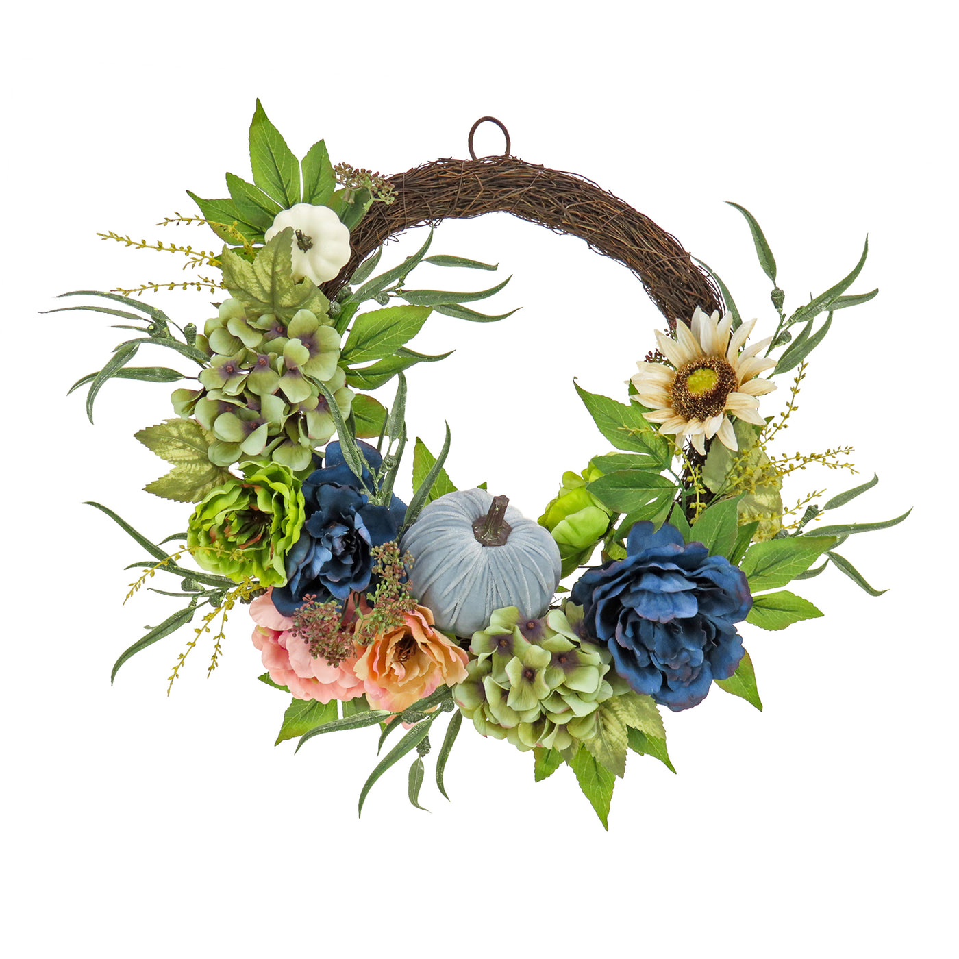 22 in. Fall Wreath with Mixed Leaves, Hydrangea, Peony and Pumpkin - National Tree Company