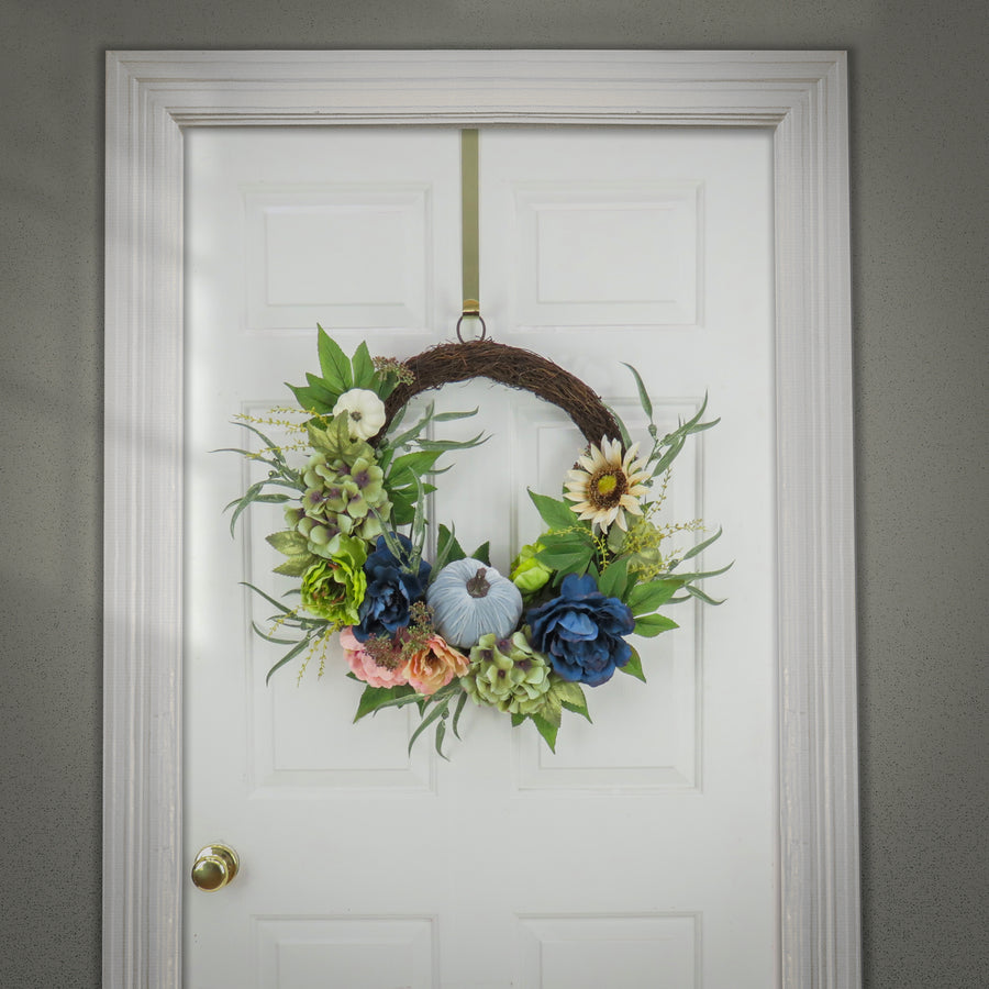 22 in. Fall Wreath with Mixed Leaves, Hydrangea, Peony and Pumpkin