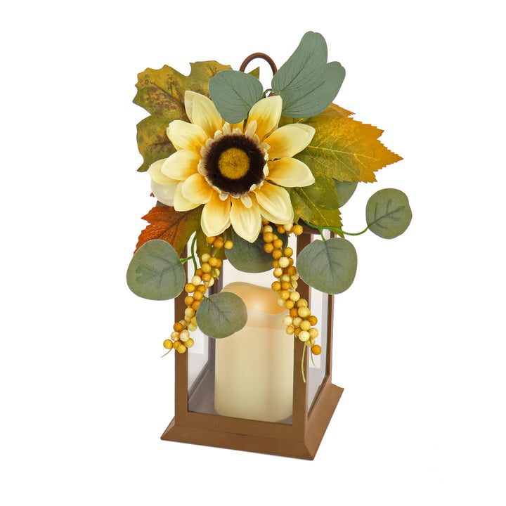 13"Harvest Harvest Lantern with Sunflower, Maple Leaves, Eucalyptus, Berry