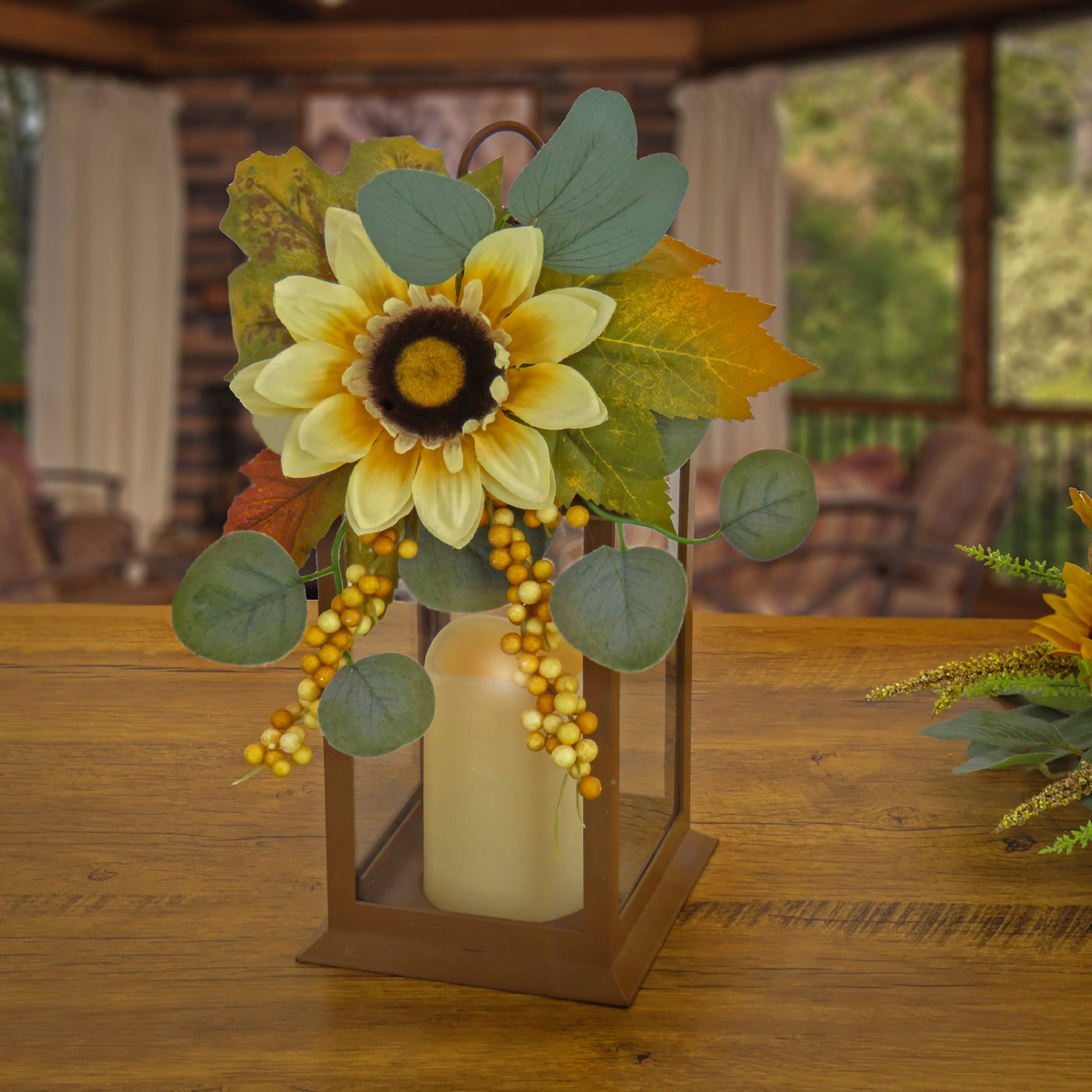 13"Harvest Harvest Lantern with Sunflower, Maple Leaves, Eucalyptus, Berry - National Tree Company