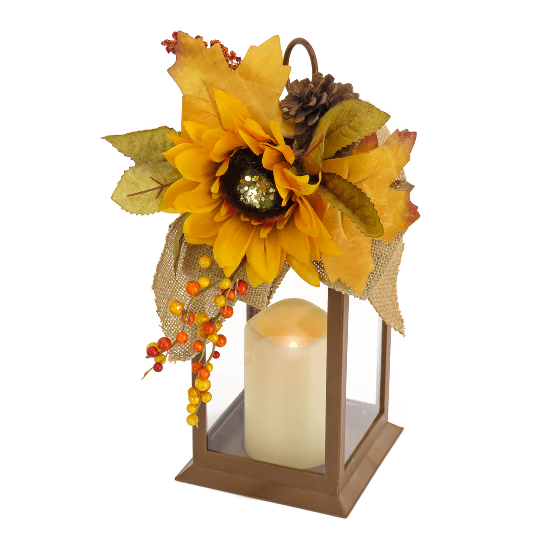 14"Harvest Harvest Lantern with Sunflower, Mixed Leaves, Pinecone, & Bow