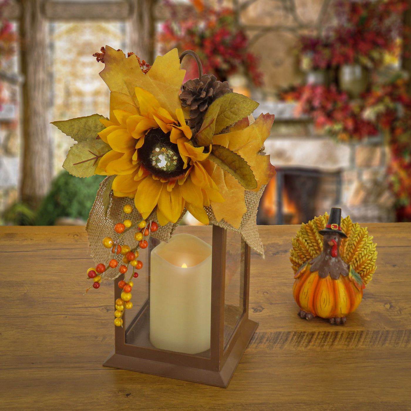 14"Harvest Harvest Lantern with Sunflower, Mixed Leaves, Pinecone, & Bow - National Tree Company