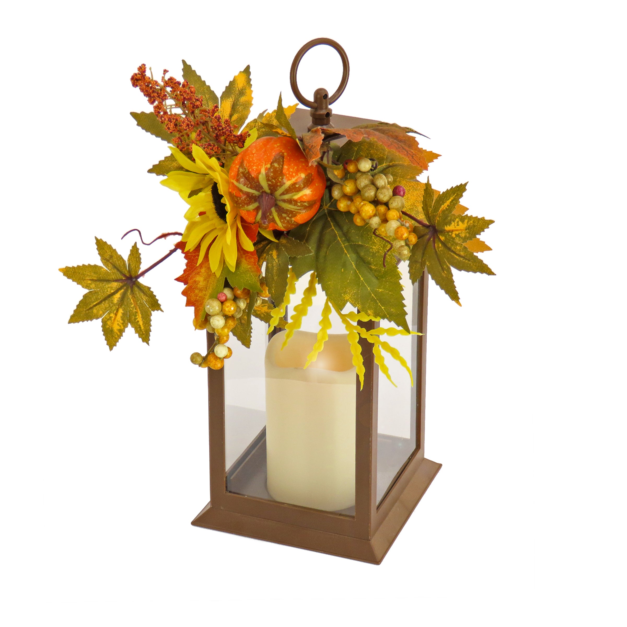 14"Harvest Harvest Lantern with Sunflower, Mixed Leaves, Berry & Pumpkin