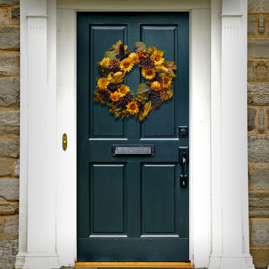 22 in. Fall Wreath with Pumpkins, Gourds, Pinecones, Sunflowers, Berry Clusters, Assorted Leaves