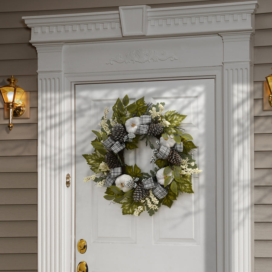 30 in. Fall Wreath with Pine Cones, Berry Clusters, Gourds, Fabric Bows