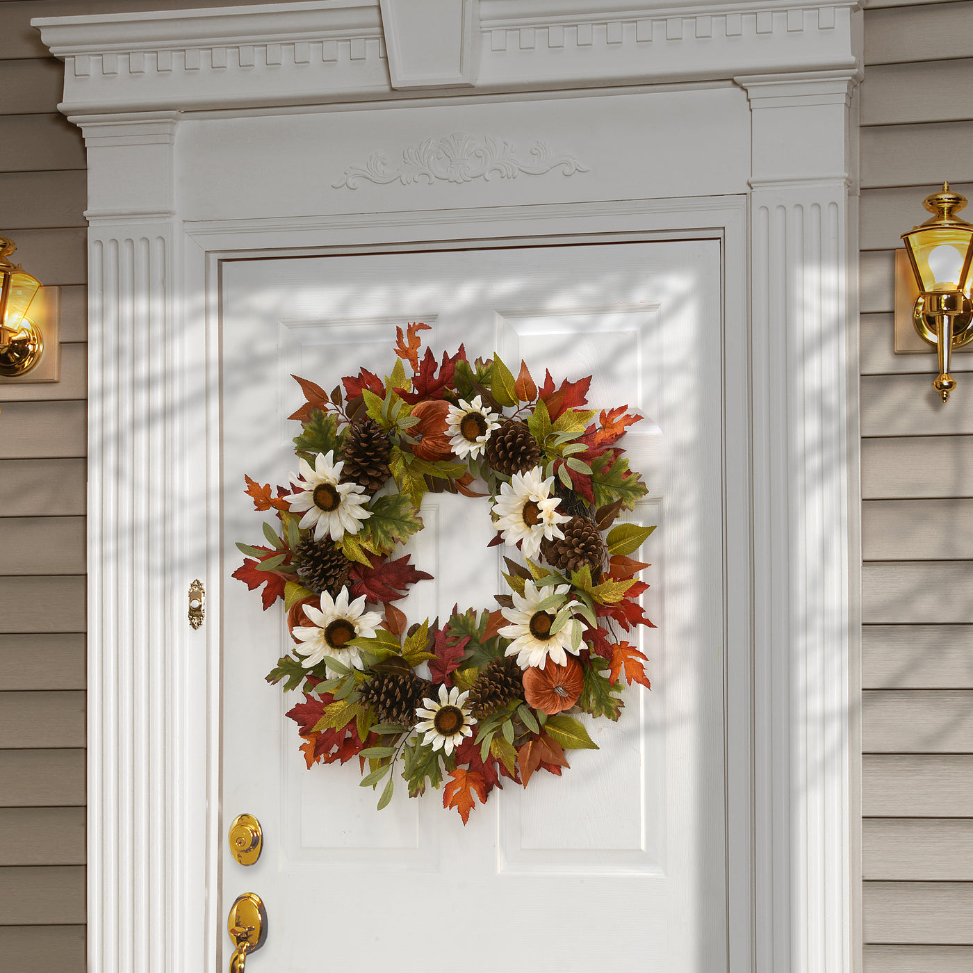 National Tree Company Artificial Autumn Wreath, Decorated with Pumpkin Gourds, Pine Cones, Maple Leaves, Sunflower Blooms, Autumn Collection, 32 Inches - National Tree Company