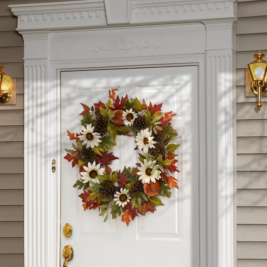 32 in. Fall Wreath with Pumpkin Gourds, Pine Cones, Maple Leaves, Sunflower Blooms