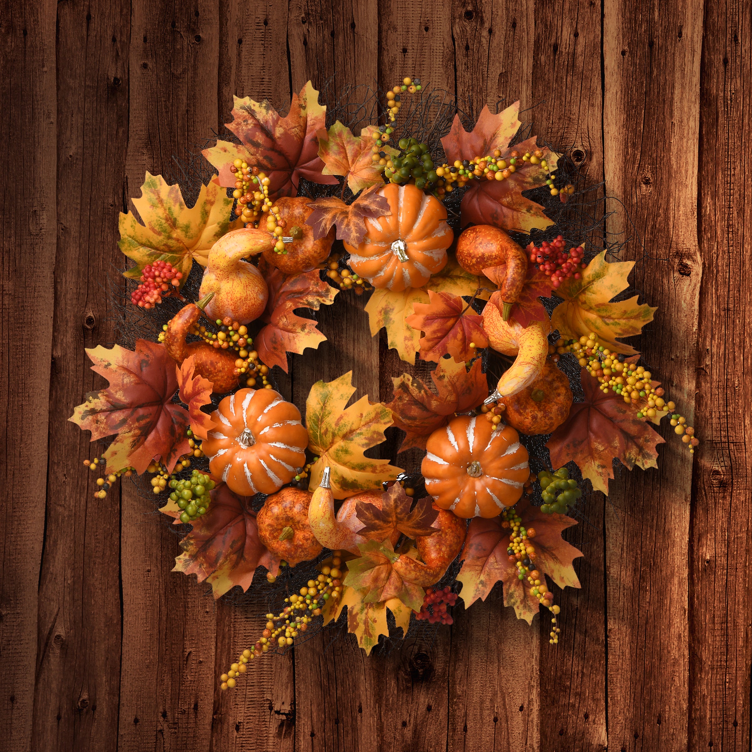 National Tree Company Artificial Autumn Wreath, Decorated with Pumpkins, Gourds, Berry Clusters, Maple Leaves, Autumn Collection, 22 in