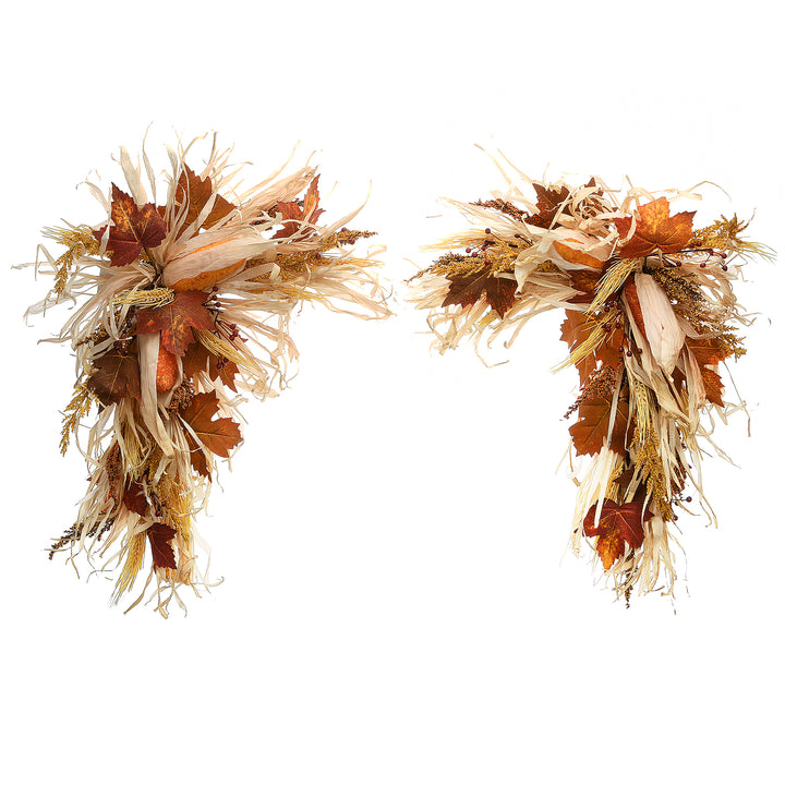 National Tree Company Artificial Autumn Door Corners, Set of 2, Decorated With Corn Husks, Raffia Leaves, Berry Clusters, Harvest Collection, 24 Inches