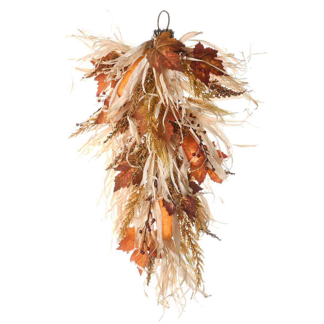 National Tree Company Artificial Autumn Teardrop, Decorated With Raffia Leaves, Corn Cobs, Berry Clusters, Autumn Collection, 30 Inches