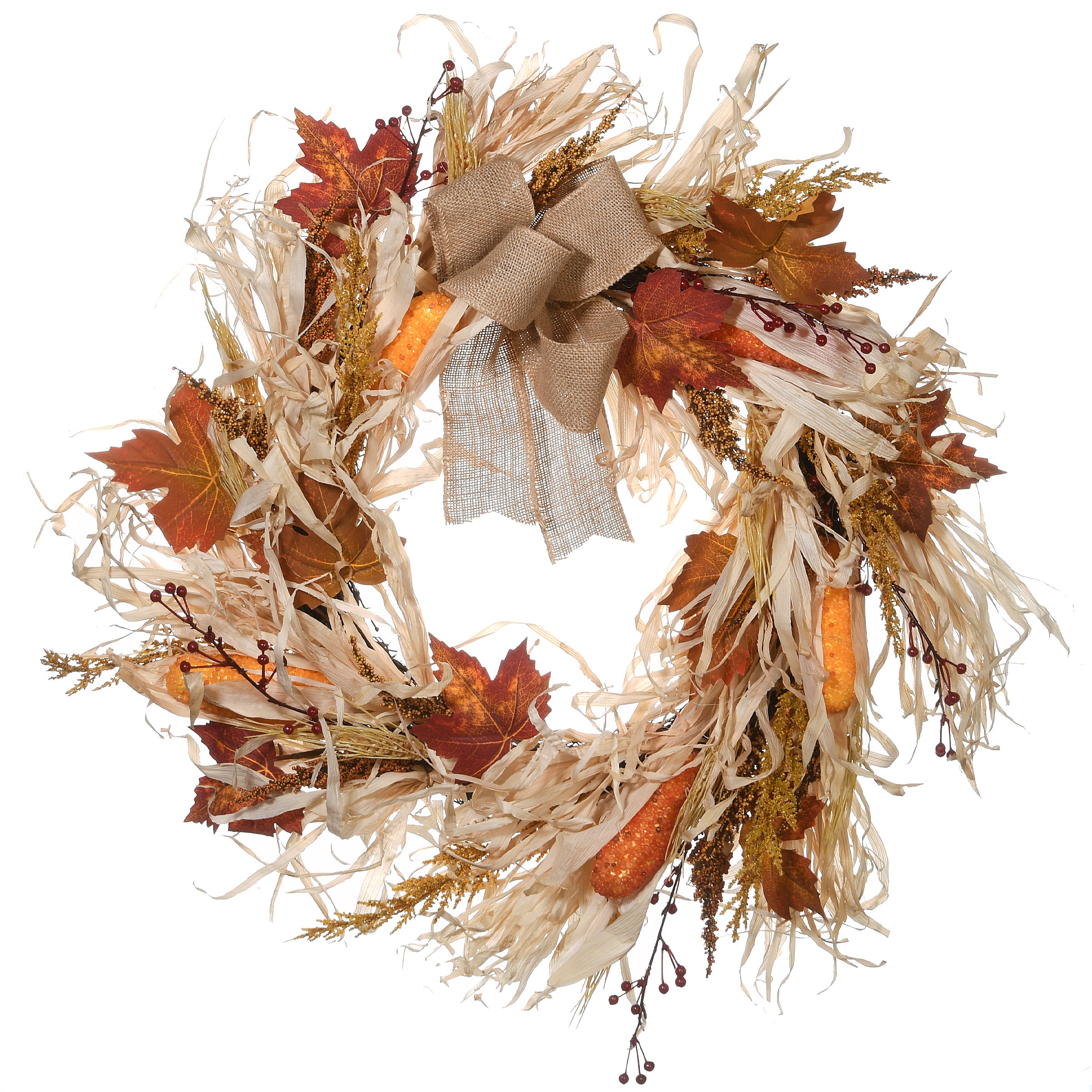 National Tree Company Artificial Autumn Wreath, Decorated With Raffia Leaves,  Corn Cobs, Berry Clusters, Autumn Collection, 24 Inches