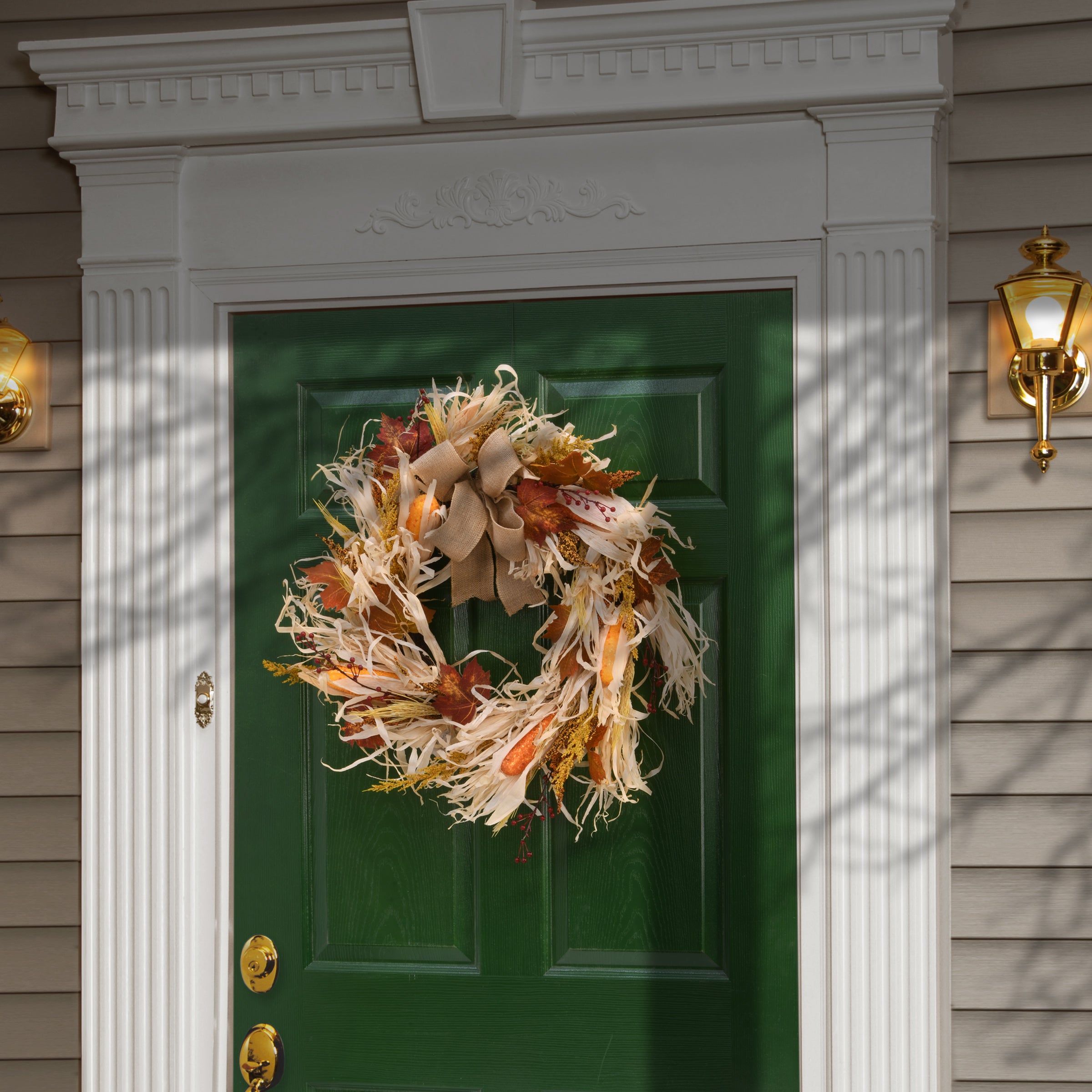 National Tree Company Artificial Autumn Wreath, Decorated With Raffia Leaves,  Corn Cobs, Berry Clusters, Autumn Collection, 24 Inches