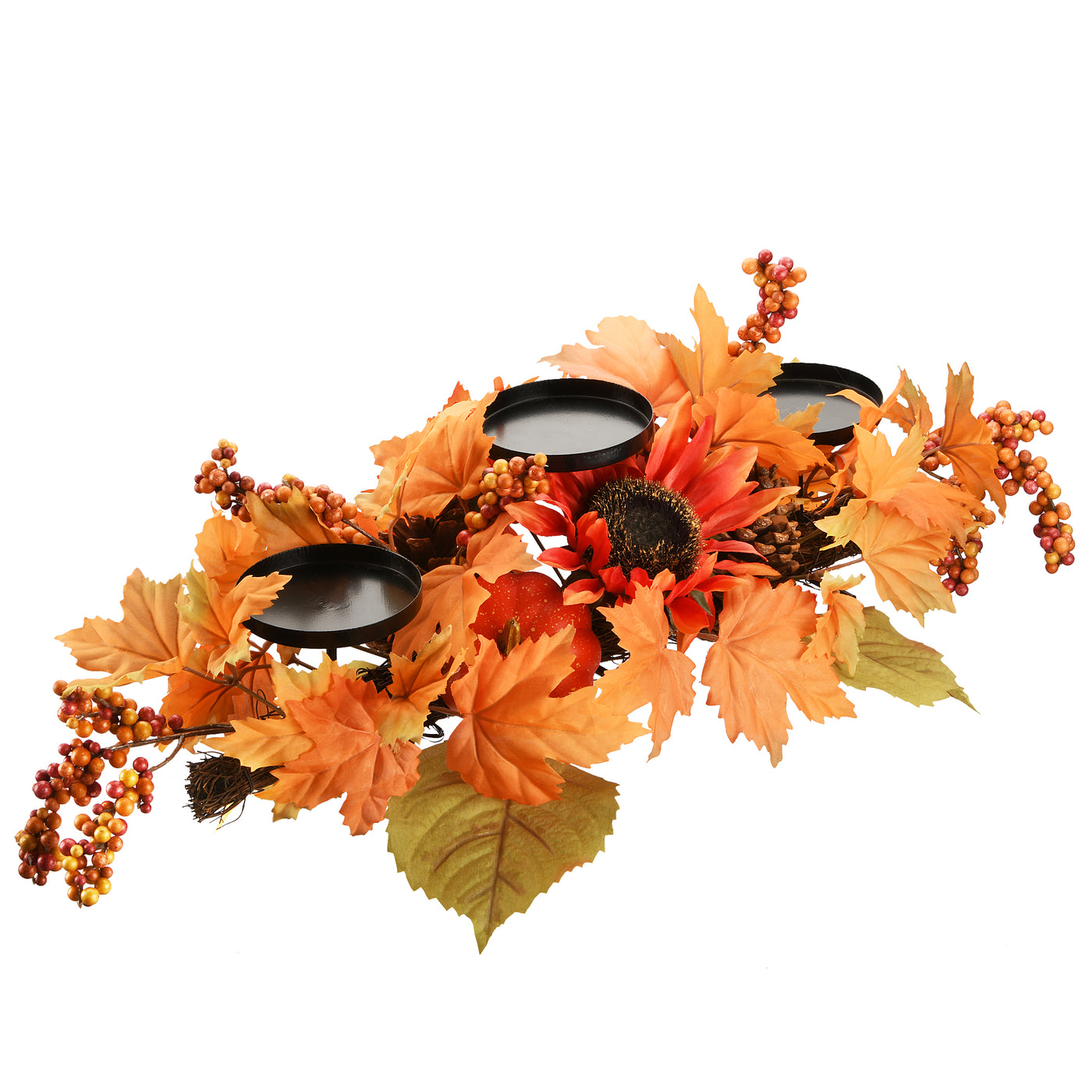 National Tree Company Artificial Fall Centerpiece, Three Candle Holders, Decorated with Sunflower Blooms, Pinecones, Berry Clusters, Maple Leaves, 24 in - National Tree Company