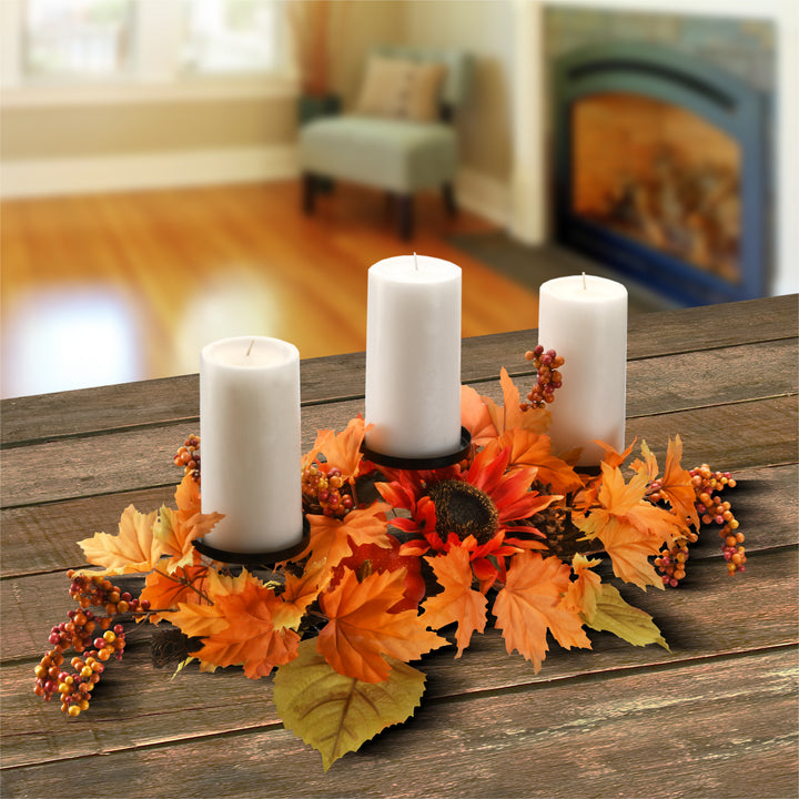 National Tree Company Artificial Fall Centerpiece, Three Candle Holders, Decorated with Sunflower Blooms, Pinecones, Berry Clusters, Maple Leaves, 24 in